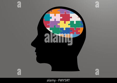 The side silhouette of a man`s  head in black. The brain is made up of colorful puzzle. Everything is on a gray background. Stock Vector